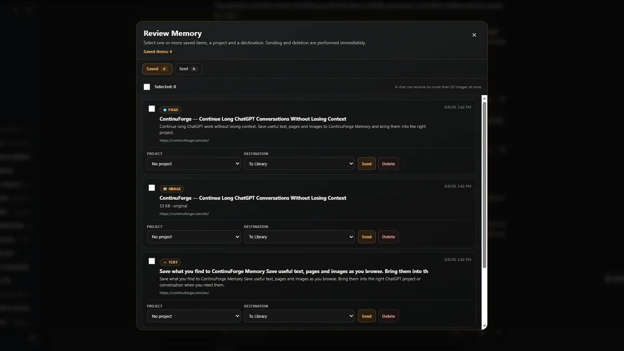 ContinuForge Review Memory with saved web material