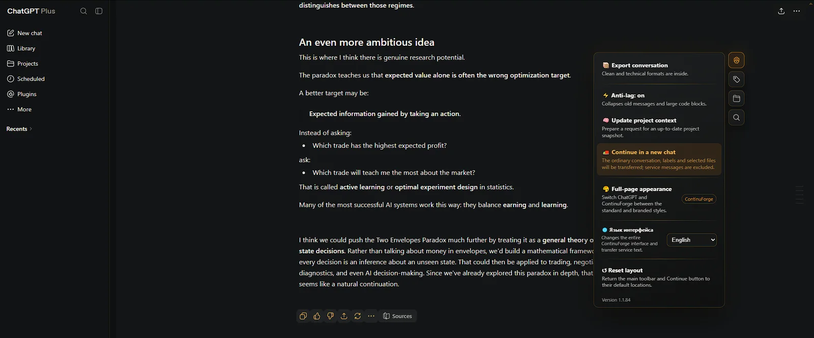 ContinuForge menu inside ChatGPT